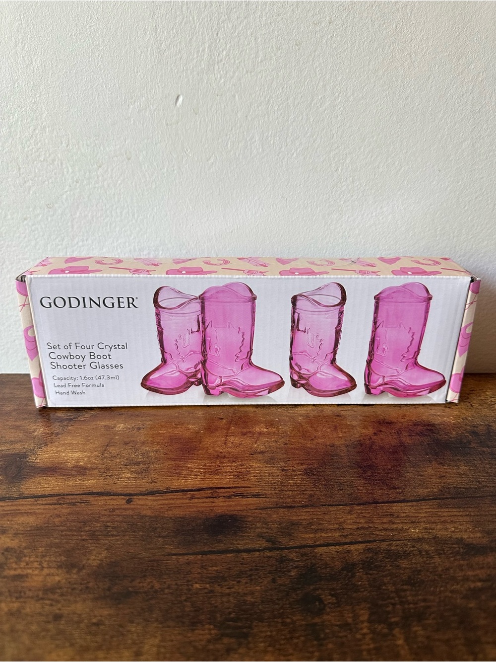 Godinger Pink Crystal Cowboy Boot Shot Glasses Set of Four New In Box